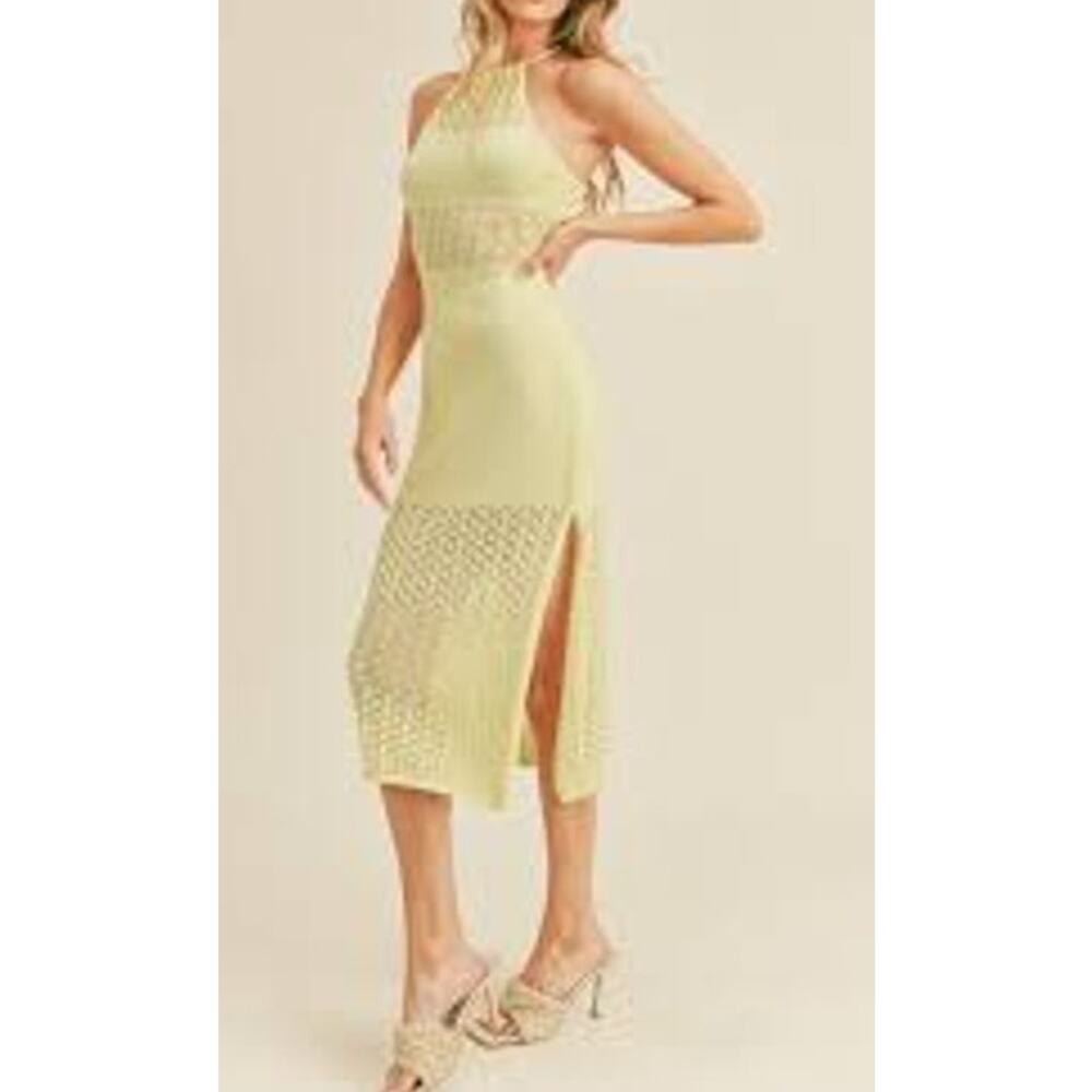 Lush Crochet Halter Midi Dress Green Yellow Medium